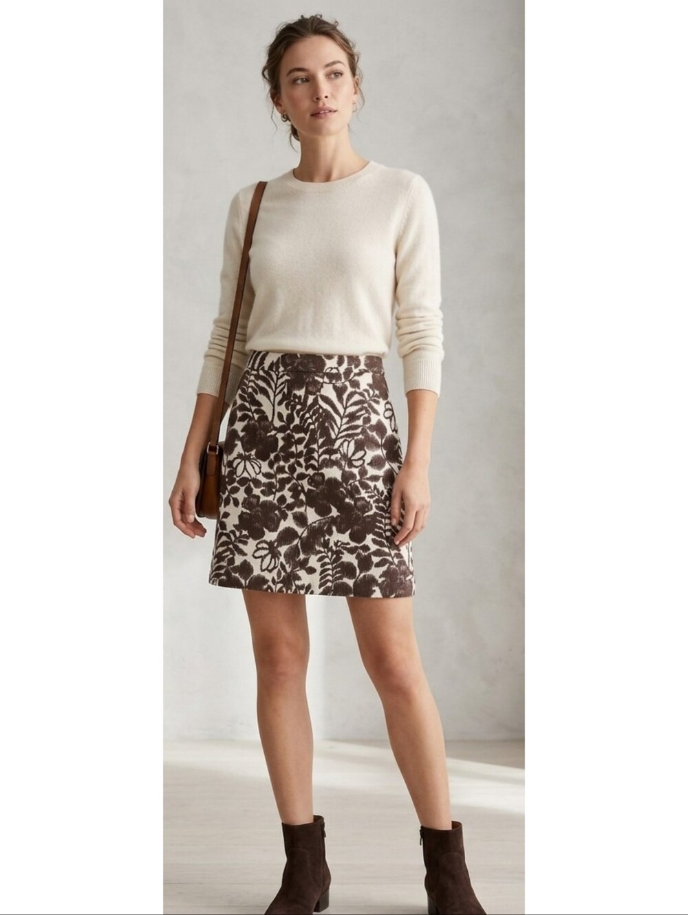 Joneswear Floral Jaquard Skirt Cream & Brown Size 12P